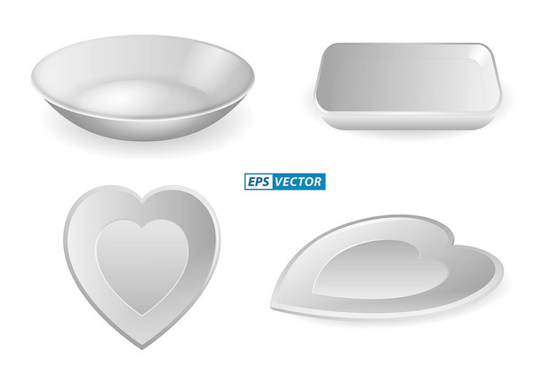 set of realistic blank ceramic plates or bowl dinner dish utensil or blank plate white meal for breakfast and dining. eps vector - Vektör, Görsel