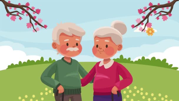 ευτυχισμένο ζευγάρι ηλικιωμένων στο τοπίο, 4k βίντεο κινούμενα - Πλάνα, βίντεο