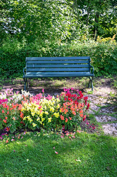 green bench standing in a shaded area in garden Karlsund Garden Orebro Sweden august 4 2022 - Foto, imagen