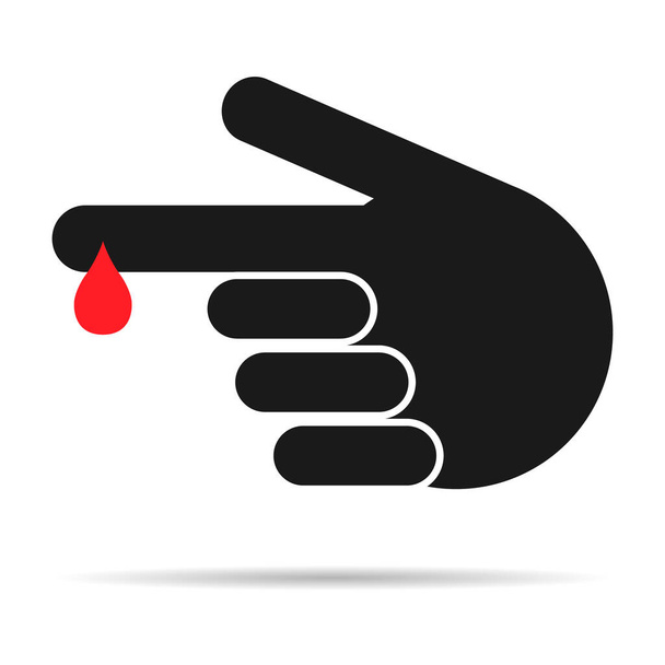Ruční prst s kapkou krve stín ikony, lékařské zdravotní test symbol, kontrolní měření vektorové ilustrace . - Vektor, obrázek