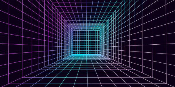 3D wireframe room colorful on dark background. Abstract perspective grid. Vector illustration. - Vetor, Imagem
