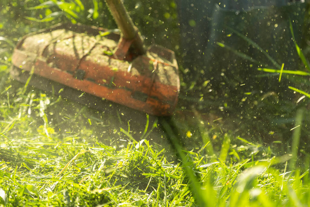 Un homme tondant la pelouse dans son jardin. Jardinier couper l'herbe. Mode de vie - Photo, image