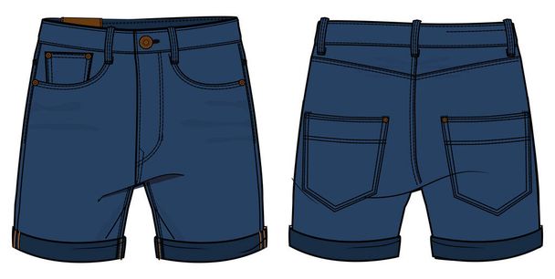 Джинсовые шорты дизайн плоский эскиз вектор иллюстрация, Чино случайные шорты концепция с видом спереди и сзади, печатные ходьба Бермуды джинсы дизайн шорты - Вектор,изображение