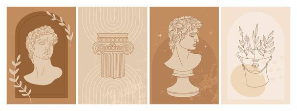 Set of abstract vertical posters with Michelangelo's David portrait, abstract shapes, column, amphora, mystical elements and plants. David one line art. Illustration for social media, posters, mobile app design template, invitation etc. Vector design - Vektör, Görsel