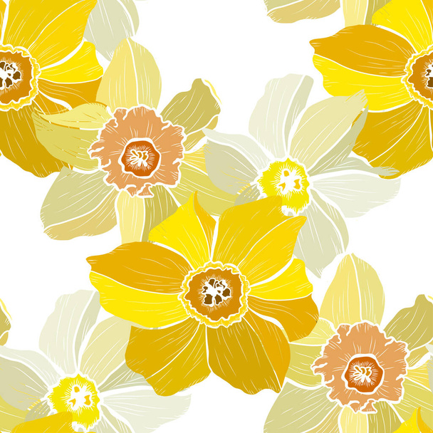Elegant seamless pattern with daffodil, narcissus flowers, design elements. Floral  pattern for invitations, cards, print, gift wrap, manufacturing, textile, fabric, wallpapers - Vetor, Imagem