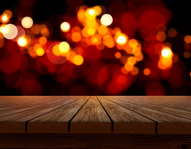 Wooden table top on shining bokeh background. concept for chossing best design - Zdjęcie, obraz