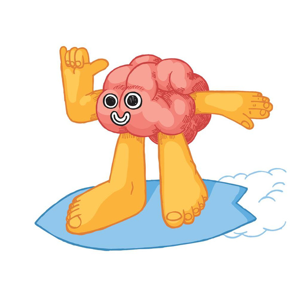 Brain character surfing and showing shaka sign. Summer sports and mental health illustration. - Vecteur, image