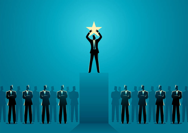 Businessman holding up a star on stage, leadership, top performer concept - Vettoriali, immagini