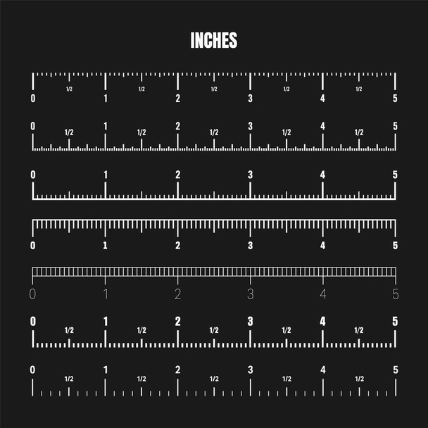Realistic white inch scale for measuring length or height. Various measurement scales with divisions. Ruler, tape measure marks, size indicators. Vector illustration. - Vektor, kép