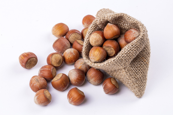 Shelled hazelnuts on the white background - Photo, Image