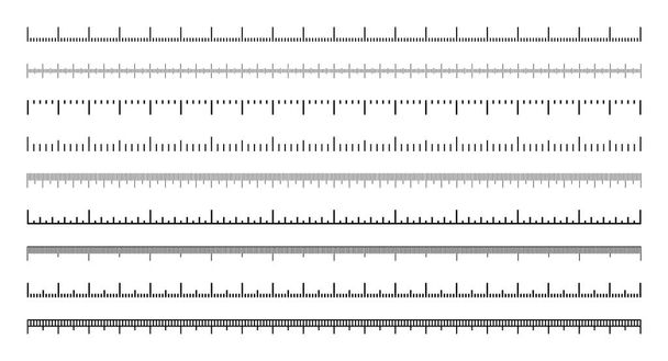 Várias escalas de medição com divisões. Escala realista para medir comprimento ou altura em centímetros, milímetros ou polegadas. Régua, marcas de fita métrica, indicadores de tamanho. Ilustração vetorial. - Vetor, Imagem