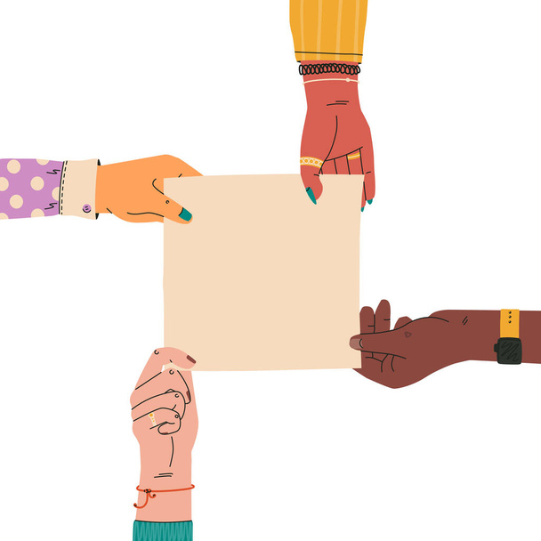 Four different female hands are holding an empty square sheet (with space for your text). Vector trendy flat illustration. - Vetor, Imagem
