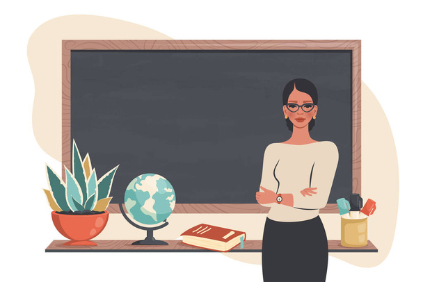 Female young school teacher teaching lesson in classroom. Smiling woman standing beside blackboard, explaining material. School banner. Education, knowledge, study concept. Vector cartoon illustration  - Vector, afbeelding