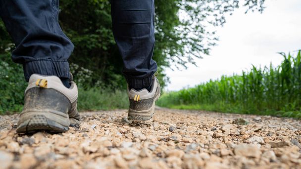 Низький кут крупним планом чоловічі ноги в пішохідному взутті, що йде по сільській дорозі, що проходить через зелені поля і природу
. - Фото, зображення