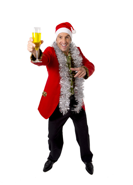 Ανώτερος επιχειρηματίας ευτυχισμένη μεθυσμένος γκανιότα στη φρυγανιά σαμπάνιας Χριστούγεννα κόμμα στο χώρο εργασίας φορώντας καπέλο Santa - Φωτογραφία, εικόνα