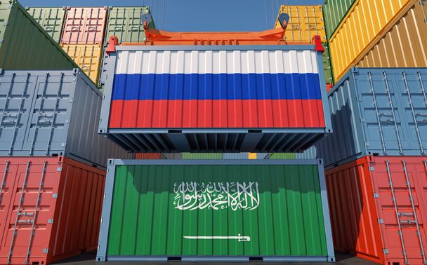 Cargo containers with Saudi Arabia and Russia national flags. 3D Rendering - Fotó, kép