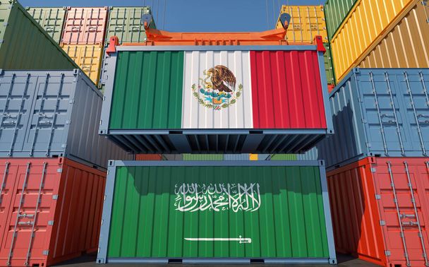Вантажні контейнери з національним прапором Саудівської Аравії та Мексики. 3D Рендерінг - Фото, зображення