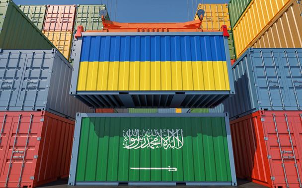 Cargo containers with Saudi Arabia and Ukraine national flags. 3D Rendering - Valokuva, kuva