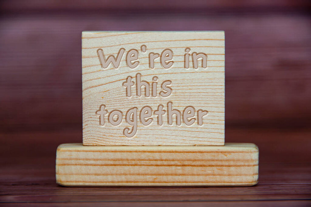 We are in this together text engraved on wooden block. Teamwork concept. - Zdjęcie, obraz