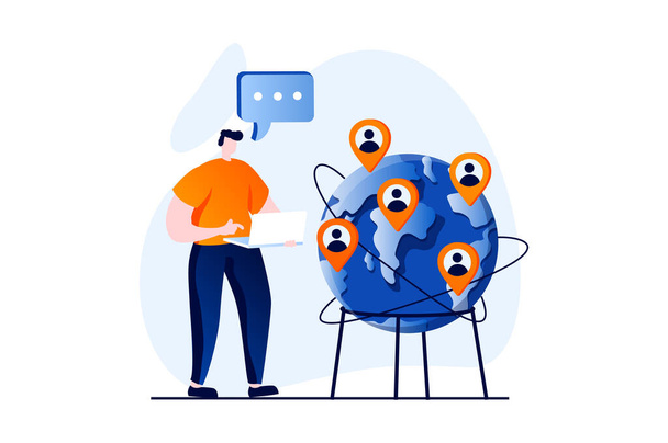 Social network concept with people scene in flat cartoon design. Man communicates online with different people around world using chats, messengers and laptop. Illustration visual story for web - Foto, afbeelding