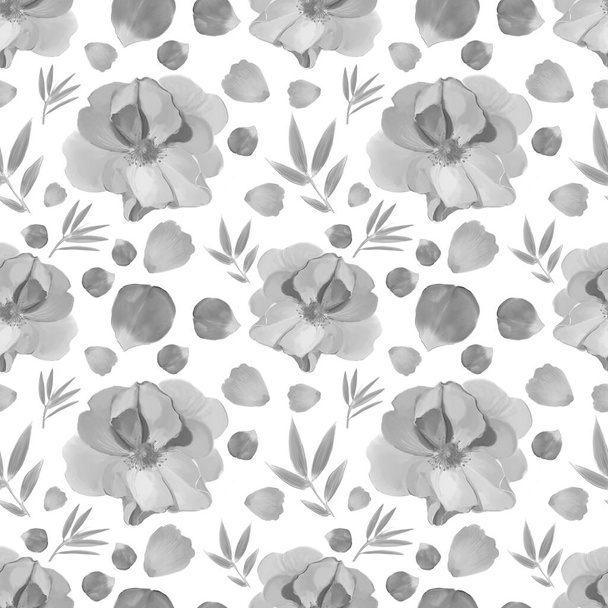 υδατογραφία μοτίβο με λουλούδια και φύλλα σε μαύρο και άσπρο  - Φωτογραφία, εικόνα