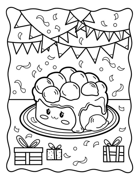 Kawaii coloring page. Cute cake with strawberries. Black and white illustration. - ベクター画像
