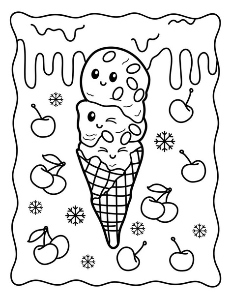 Kawaii coloring page. Ice cream cone. 3 scoops of cute ice cream. Sweets. Coloring book. Black and white illustration. - Vektör, Görsel