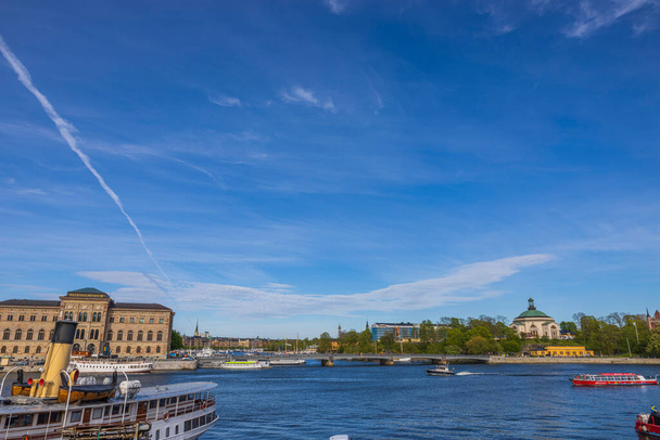 Beautiful view from area of Royal Palace to port embankment of. Sweden. Stockholm. 07.18.2022. - Фото, зображення