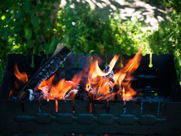 Kindling of chopped birch firewood. Burning wood in old metal barbecue. Fire in grill on greenery background - Φωτογραφία, εικόνα