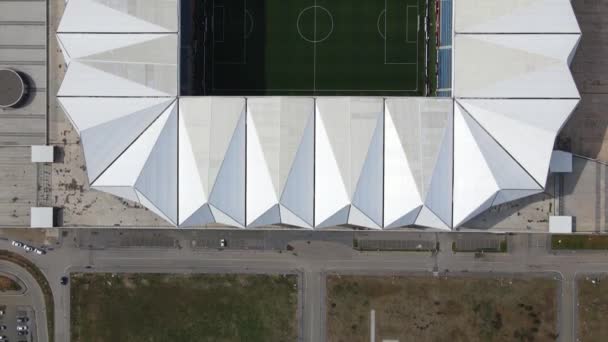 Aerial drone view of turkeys football team trabzonspors stadium, white roofed view of football stadium, trabzonspors football field - Materiaali, video