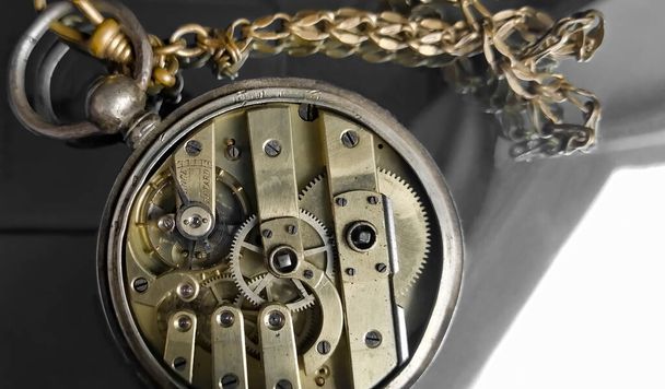Gears in old watches. Composition of pocket watches. The movement of the hand watch. Gears inside an old clock. - 写真・画像