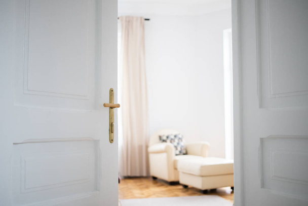 vintage white door opening into bedroom - Fotoğraf, Görsel