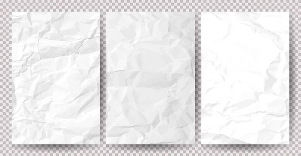 Набор белых тощих смятых бумаг на прозрачном фоне. Смятые пустые листы бумаги с тенью для плакатов и баннеров - Вектор,изображение