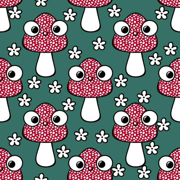 Cartoon autumn amanita seamless mushrooms pattern for Halloween wrapping paper and kids accessories and clothes print and study notebooks and fabrics. High quality illustration - Фото, изображение