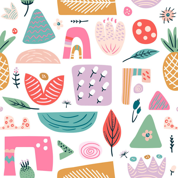 Seamless pattern with organic geometric shapes, flowers, berries and leaves. Creative hight detailed texture. Great for fabric, textile Vector Illustration - Vektor, kép