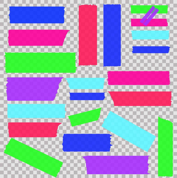 Washi tapes. Semi-transparent pieces of bright, neon ribbons. Blue, pink, purple, green pieces of washi tape with torn edges. Set of adhesive scrapbooking ribbons isolated on a transparent background. - Wektor, obraz