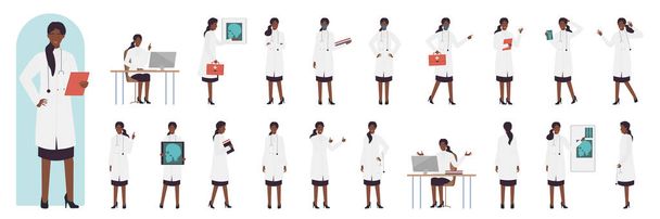 Αφροαμερικανή μαύρη γιατρός θέτει πρότυπο διάνυσμα. Γελοιογραφία που παρουσιάζει ενέργειες ιατρού εργαζομένου που εργάζεται στο νοσοκομείο, δείχνοντας την ακτινογραφία του κρανίου των ασθενών, κρατώντας κουτί πρώτων βοηθειών - Διάνυσμα, εικόνα