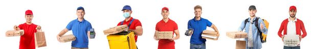 Set of couriers with tasty pizza on white background - Foto, Imagen