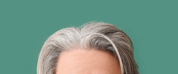 Senior man with grey hair on green background, closeup - Foto, immagini