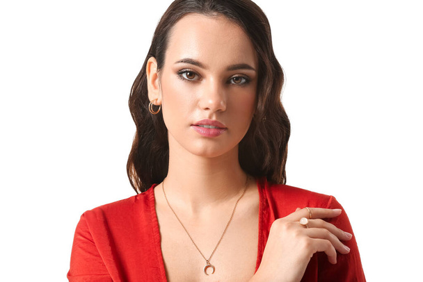 Beautiful young woman with stylish jewelry isolated on white - Zdjęcie, obraz
