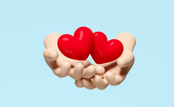 3d cartoon two hands holding red heart isolated on blue background. health love or world heart day concept, 3d render illustration   - Foto, imagen