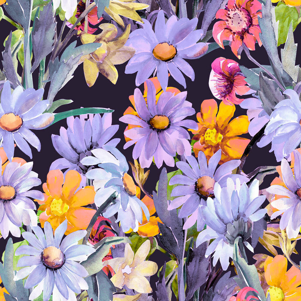 Seamless pattern of daisies and other flowers1w - 写真・画像