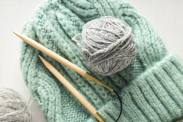 Concept of cozy and relax hobby, knitting, close up - Foto, Bild