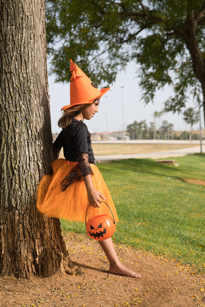 Girl in black shirt, witch hat and orange skirt with a pumpkin in her hands and leaning on a tree celebrating halloween. Autumn concept, trick or treat, party, pumpkin. Vertical position. - Foto, Bild