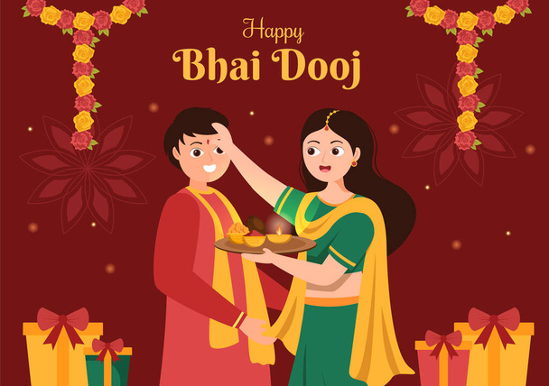 Happy Bhai Dooj Indian Festival Celebration Hand Drawn Cartoon Illustration of Sisters Pray for Brothers Protection with a Dot on His Forehead - ベクター画像