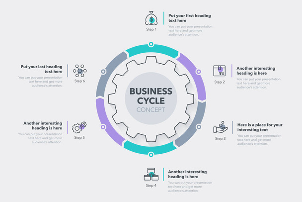 Шаблон бізнес-циклу з шістьма барвистими етапами. Проста у використанні для вашого веб-сайту або презентації
. - Вектор, зображення