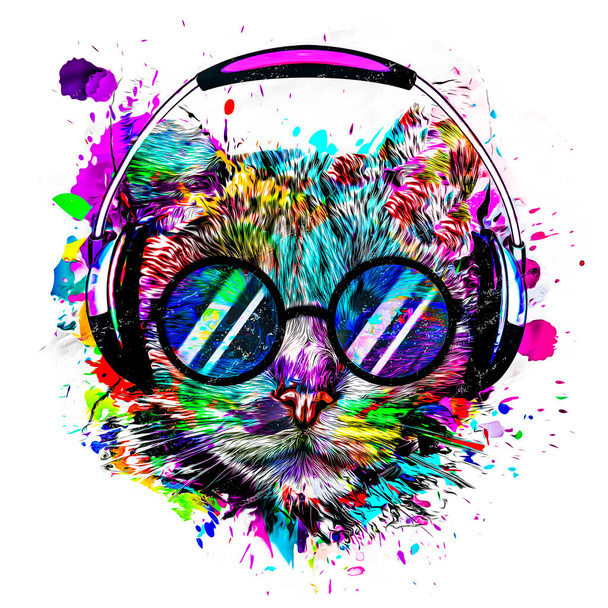 намордник кошки абстрактного цвета в очках и наушниках, изолированных на белом фоне с брызгами краски - Фото, изображение
