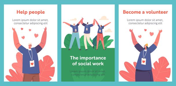 The Importance of Social Work Cartoon Banners. Happy Volunteers Team Rejoice. Joyful l Charity Service Characters Stand Together with Raised Arms. Men And Women Community Help People. Vector Posters - Vektori, kuva