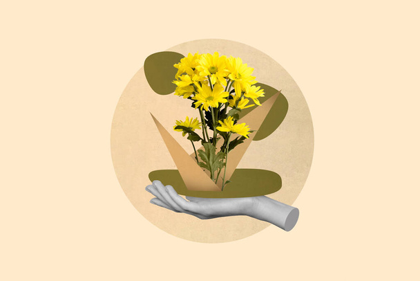 Vertical collage portrait of arm palm hold demonstrate growing yellow flower isolated on drawing background. - Photo, Image