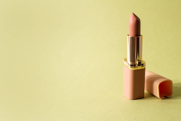Nude matte lipstick with a cap on a pastel green background. Female accessory for lip makeup. Professional cosmetic product for makeup artists in the composition. Backdrop - Photo, image